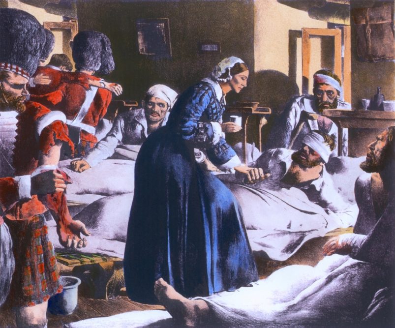 Old painting of Florence Nightingale tending to injured soldiers at Scutari Hospital.