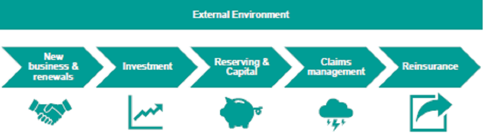 Flowchart shows external environment icons.