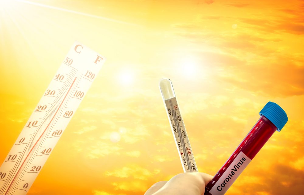 Composite image of a large thermometer and a hand holding a normal sized thermometer and a phial of blood, labelled 'CoronaVirus'.