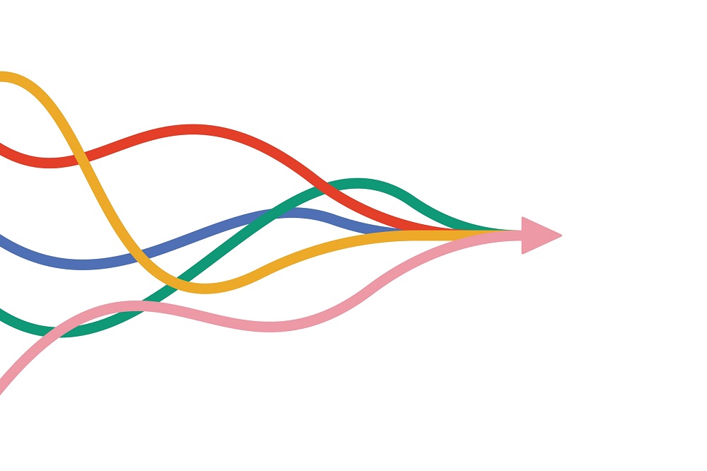 Five coloured wavy lines which flow together to end in a right facing arrow.