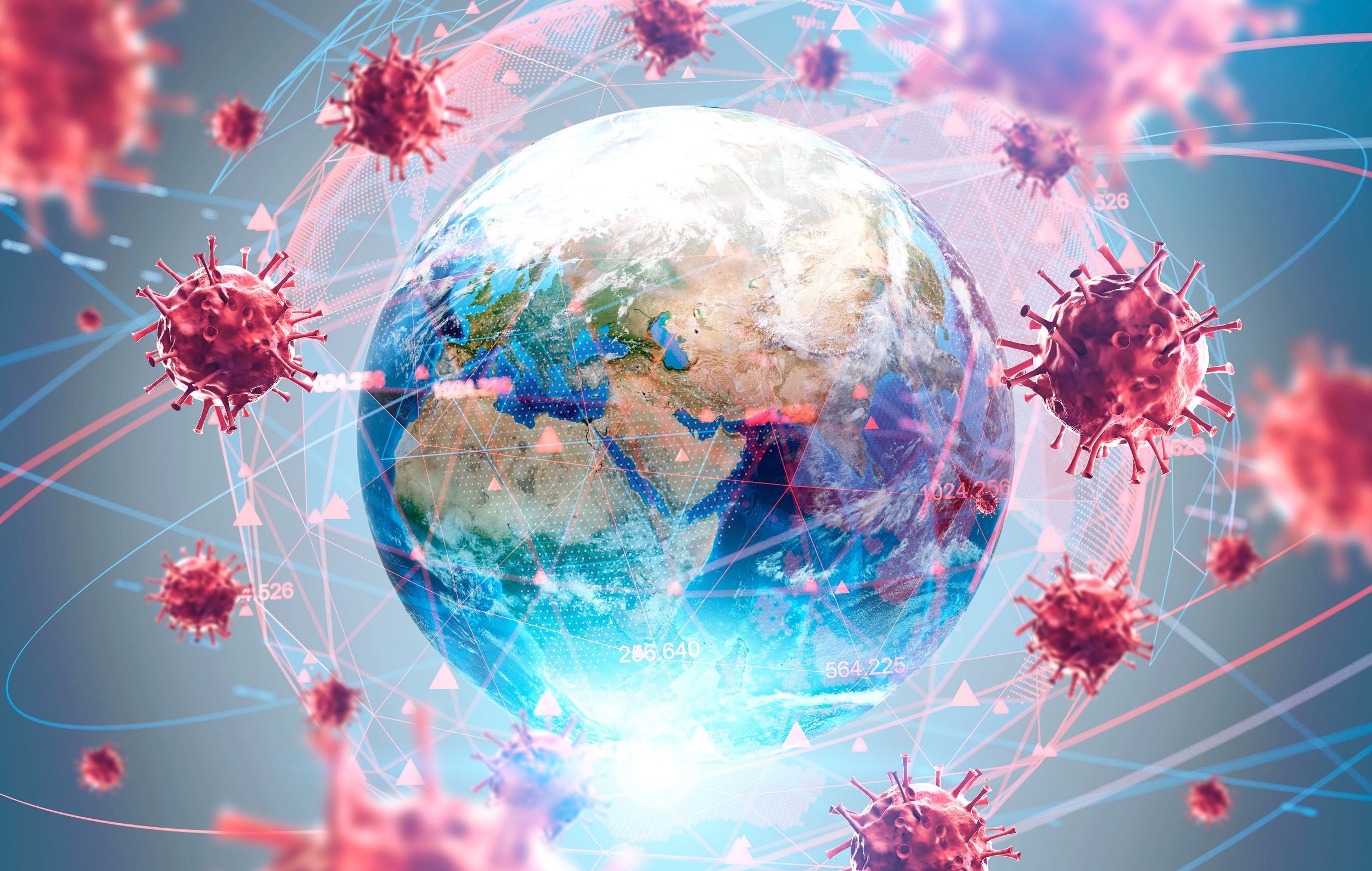 Depiction of the COVID-19 virus circling the Earth.