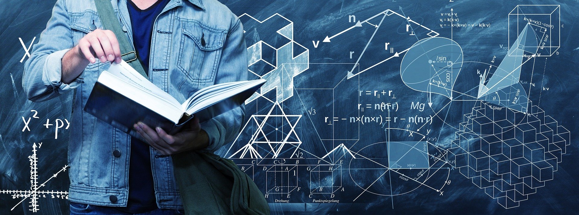Image of a teacher looking at a large book against a background of mathematical symbols.