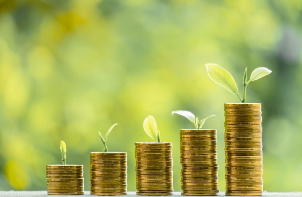 Four stacks of coins in ascending size. Each one has a little plant shoot on top..