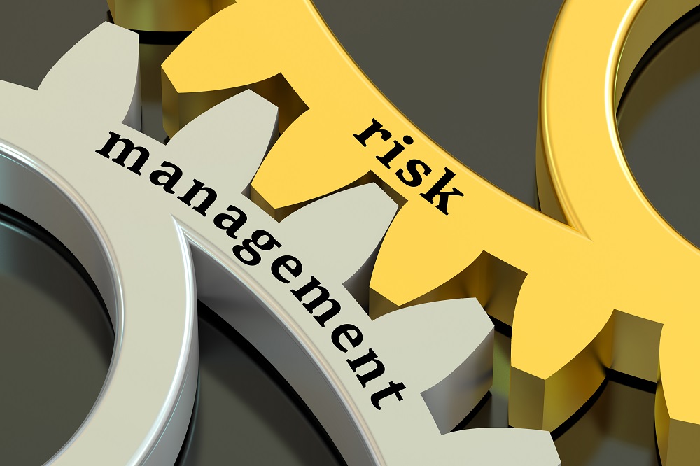 Two cogs with the words 'risk management' on them.
