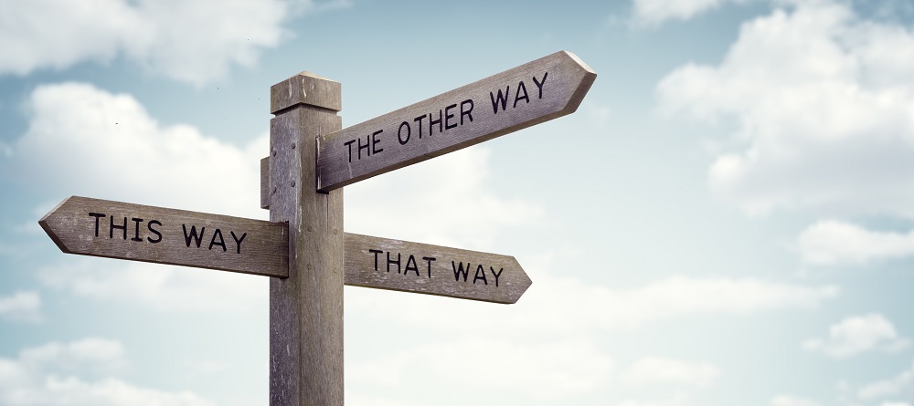 Wooden signpost with three arrows pointing in different directions. One arrow reads 'This Way', one arrow reads 'That Way' and the third arrow reads 'The other way'.