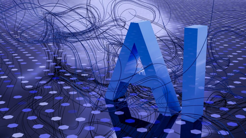 The letters 'AI' are in blue. They are standing on a shiny base which is black with blue and cream circles. There is some swirling lines around the letters 'AI'.