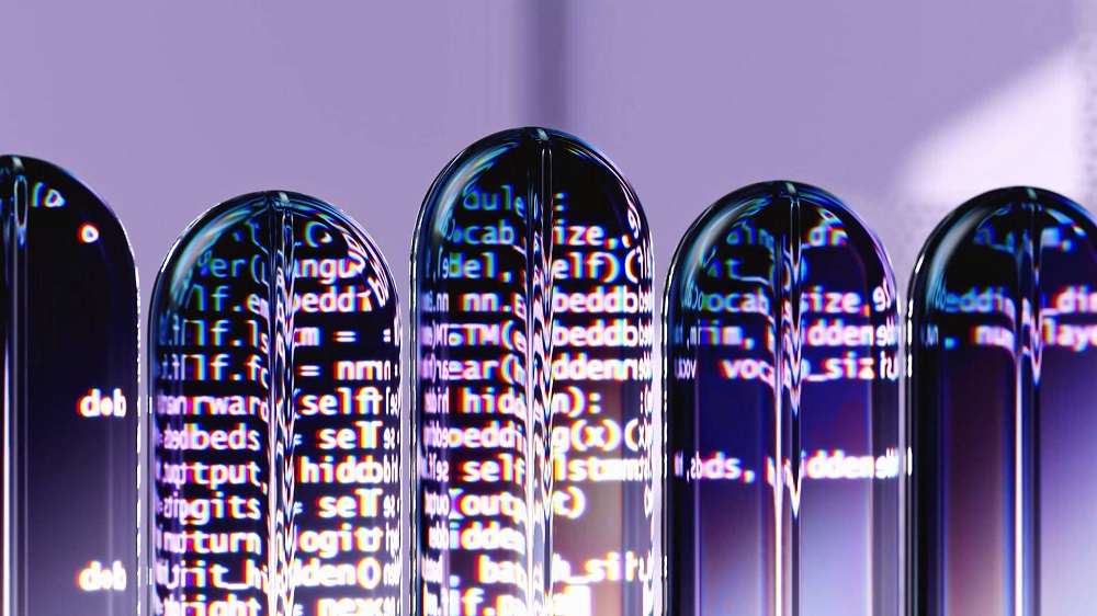 Five small clear domes against a purple background. Inside each one there is generated code language.