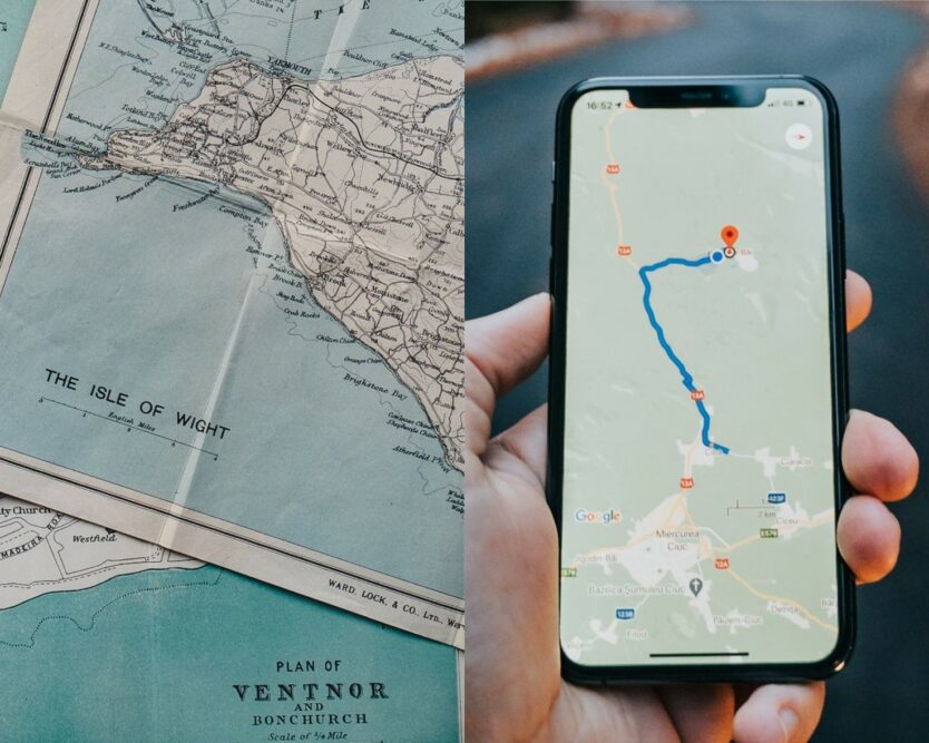 A composite image. On the left is a close-up of an road map of the Isle of Wight. On the right is a hand holding a mobile phone, on which there is a route map displayed.