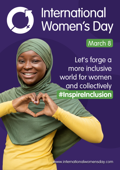 Poster from International Women's Day showing a young woman in a hijab smiling at the camera and making the heart symbol with her hands.