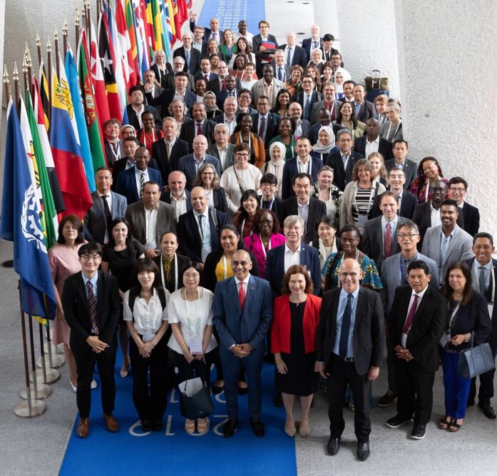 A large group of smartly dressed people all look to the camera. They are standing on a blue carpet next to a large row of multi-coloured national flags on flagpoles.