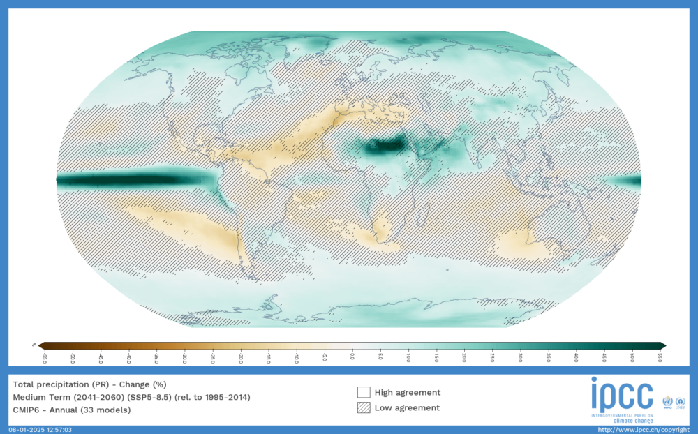 Shaded global map showing projected percentage change in total precipitation from baseline period (1995 - 2014) to the medium term (2041 -2060) under a high emissions scenario. Credit: IPCC