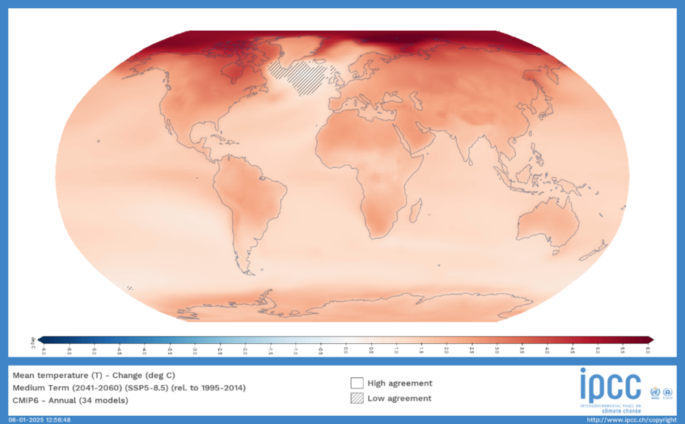 Shaded global map showing projected mean temperature change from baseline period (1995 - 2014) to the medium term (2041 -2060) under a high emissions scenario.