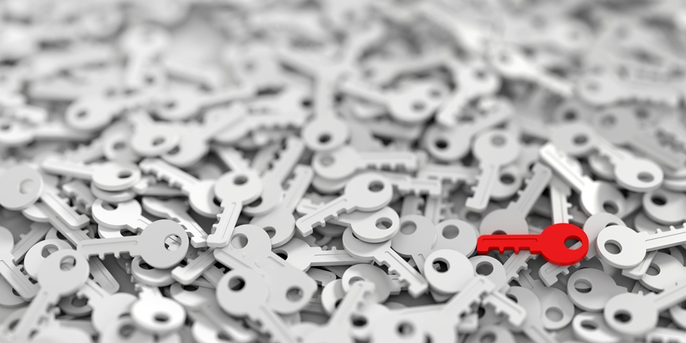 Large pile of white keys, with a single red key on the top of the pile. Credit: Shutterstock.