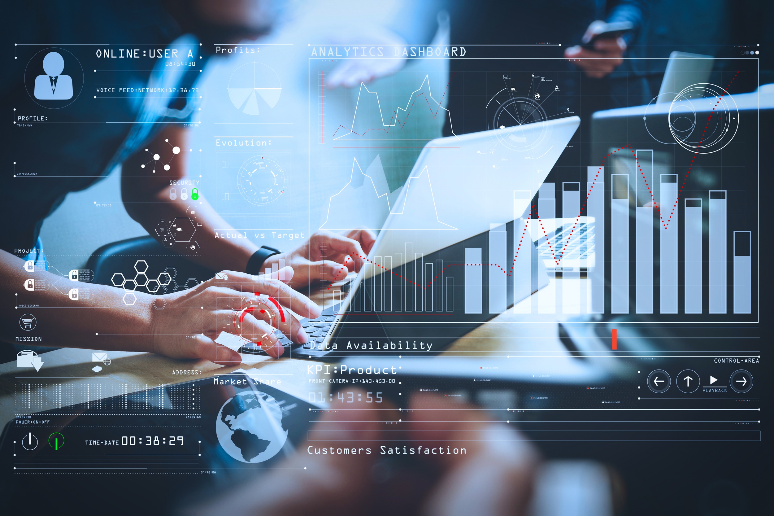 Analytics images floating over image of person typing on a laptop. Credit: Shutterstock.