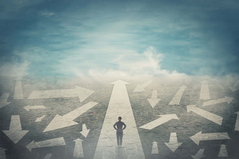 Illustration of a person standing on a long white arrow. Next to them are several white arrows pointing in different directions. Credit: iStock Photo.