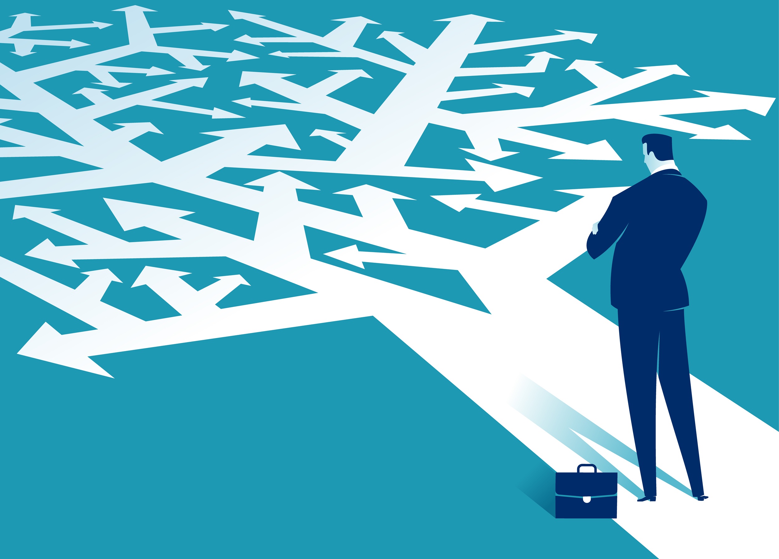 Drawing of a man in a suit looking at multiple arrows going off in different directions. Credit: Shutterstock